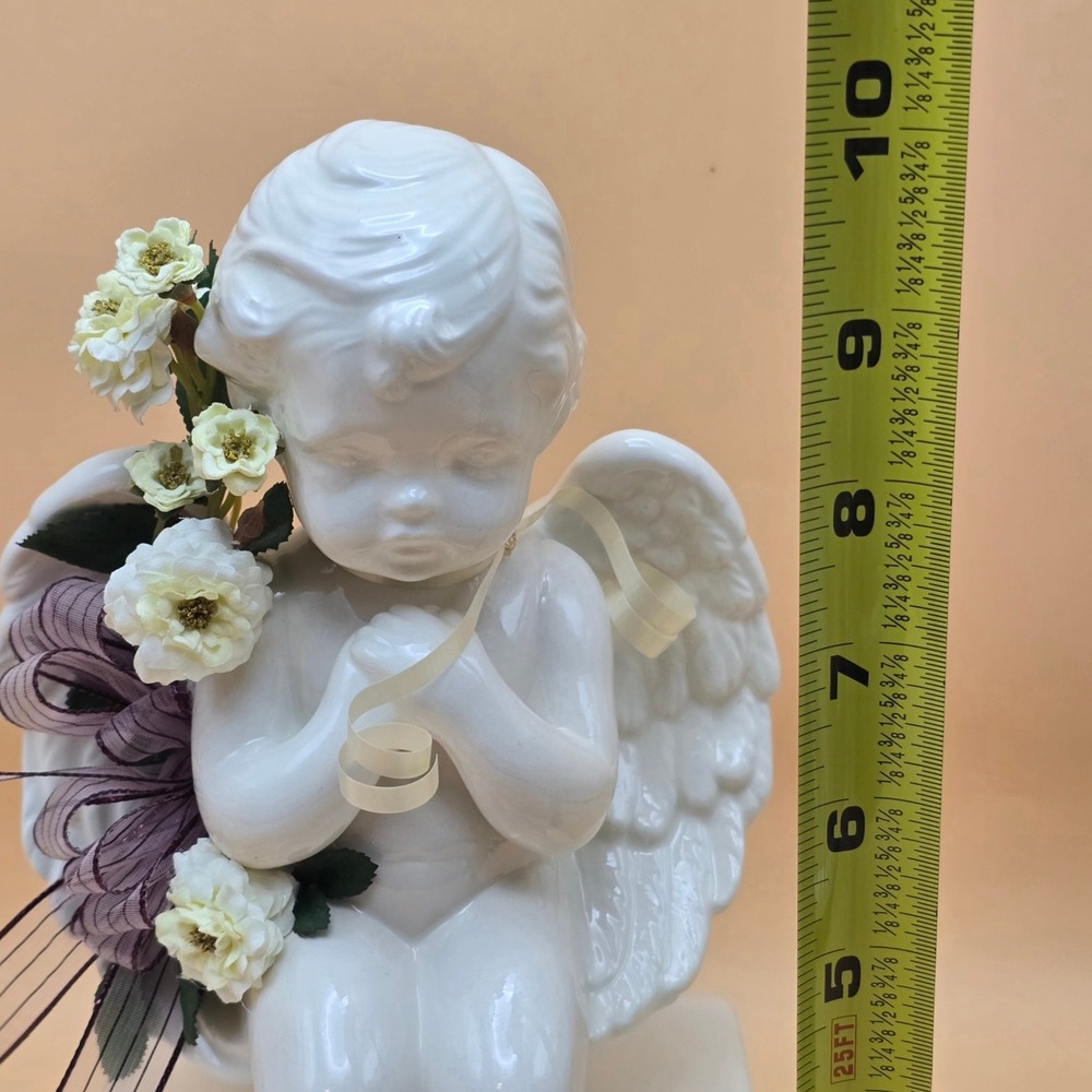 Vintage White Ceramic Rotating Cherub Angel Figurine on Pedestal with Flowers - Picture 15 of 16